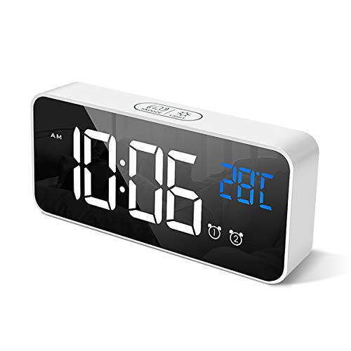 HOMVILLA Reloj Despertador Digital con Pantalla LED de Temperatura, Alarma de Espejo Portátil con Alarma Doble Tiempo de Repetición 4 Niveles de Brillo Regulable 13 Música Despertadores Digitales