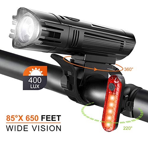Juego de Luces LED para Bicicleta, 4 Modos Luces Bicicleta Delantera Impermeable y Recargable USB con Lámpara de Bicicleta Delantera y Trasera Protección Antideslumbrante para Carretera IP3X 400LUX