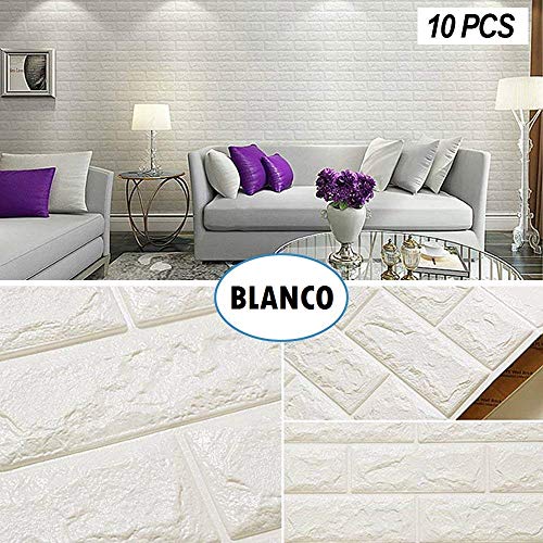 Jueyan 10 PCS 3D Papel Pintado Decoración de Pared en Relieve Piedra de Ladrillo Paneles de Pared Autoadhesivos Pegatinas de Pared de Ladrillo Moderno PE de Eespuma DIY Pared Pegatinas,Blanco