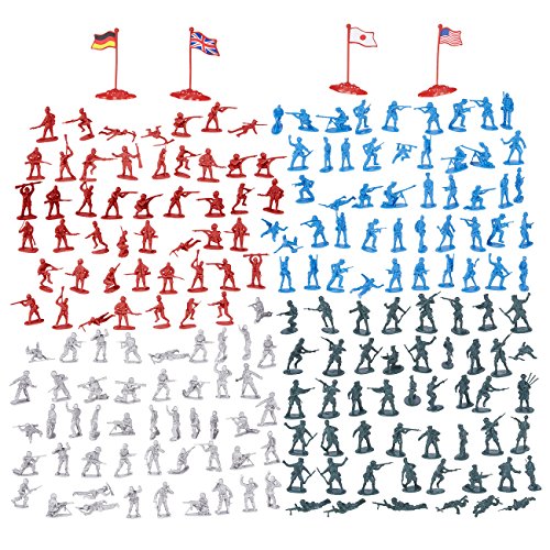 Juvale 200-Piece Set figuras militares - Los soldados de juguete del Ejército en 4 colores, Segunda Guerra Mundial Playset Con 4 Banderas Multi