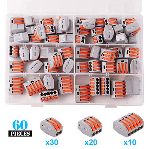 Kinstecks ​​60PCS Lever-Nut 2/3/5 Paquete de Surtido de Conductores Conector Conector de Empalme Compacto PCT-212 / PCT-213 / PCT-215 Kit de Tuercas de Palanca