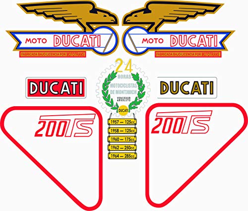 Kit de adhesivos motos clasicas Ducati 200 TS - Juego Pegatinas Completo - Vinilo para Moto, máxima Calidad.