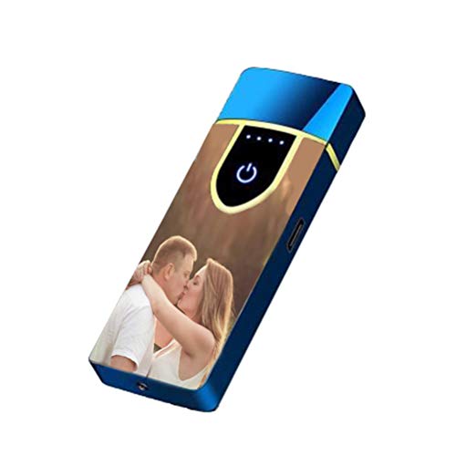 KkllaaWW Encendedor De Fotos Personalizado Encendedor Recargable USB Inducción De Doble Arco Imagen Grabada Regalo para Hombres(Azul-De un Solo Lado 78 * 33 * 10mm/3.0 * 1.2 * 0.3 in)