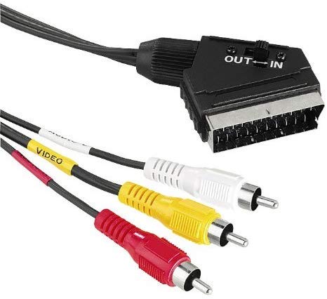 KnnX 28048 | Cable SCART conmutable | Euroconector Macho a 3 x Phono RCA Macho | Longitud: 1 Metro | Conectores triples compuestos: Rojo, Blanco, Amarillo