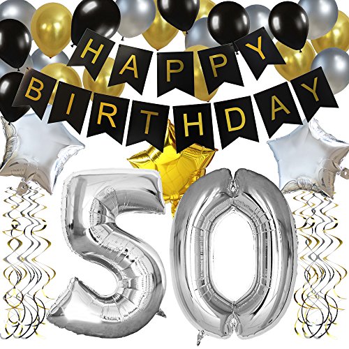 KUNGYO Clásico Decoración de Cumpleaños -“Happy Birthday” Bandera Negro;Número 50 Globo;Balloon de Látex&Estrella, Colgando Remolinos Partido para el Cumpleaños de 50 Años