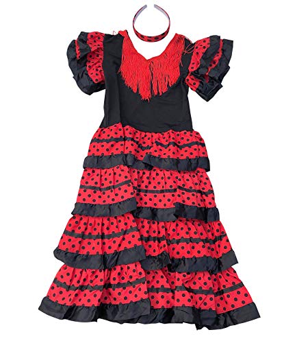 La Senorita Vestido Flamenco Sevillana Español Traje de Flamenca Chica/niños Negro Rojo