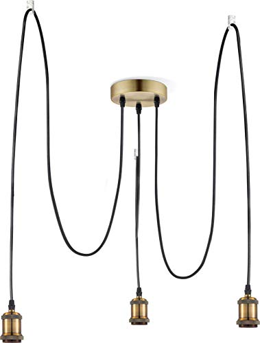 Lámpara de techo vintage de latón con diseño industrial, lámpara de techo para comedor, cable textil de 2 m cada uno (lámpara de cocina, 3 luces, lámpara colgante, retro, altura 100 cm)