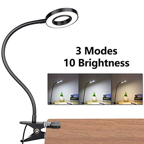 LED Lámpara De Mesa Escritorio, Luz De Lectura Con Abrazadera USB Portátil Flexible Regulable Con 3 Modos De Iluminación y 10 Niveles De Brillo Para Oficina Dormitorio Lectura Estudiar 7w (Negro)