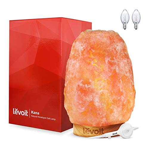 Levoit Kana Lámpara de Sal Natural (2-3 kg) con Regulador Táctil de Intensidad, Base de Madera Natural, Tallado a Mano de Brillo Natural de Color Naranja, 2 Extra Bombillas E12 15W