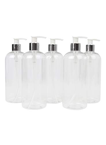 Lucemill, 5 botellas de plástico transparente de 500 ml, con dispensadores de bomba de loción de cuello blanco y plata, reciclables