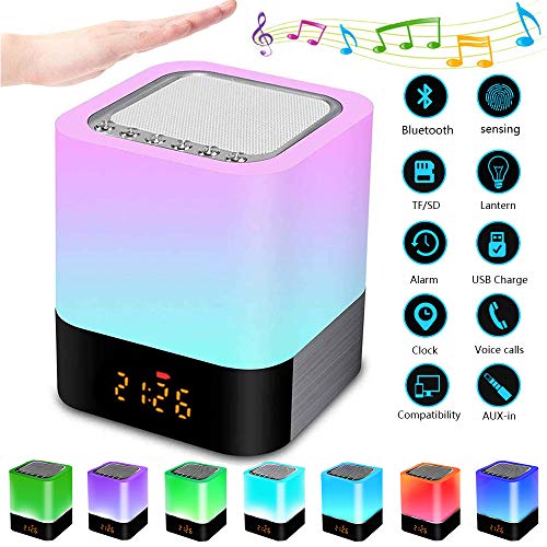 Luz Nocturna Altavoz Bluetooth, Lemonmax Lámpara Táctil Que Cambia de Color, Luz de Noche RGB Regulable, Reloj Despertador Digital, Regalo para Adolescentes