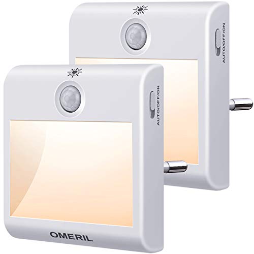 Luz Nocturna con Sensor de Movimiento, OMERIL 2 Pack Luz Nocturna Infantil Enchufe con 3 Modos (AUTO/ON/OFF), Brillo Ajustable, Luz de Noche para Dormitorio, Escalera, Pasillo, Cocina, Sala, Baño