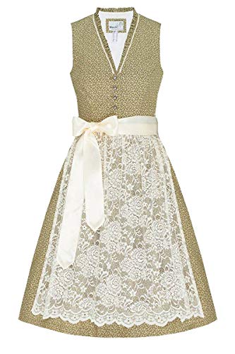 MarJo Moser Berta 006990 - Mini vestido tradicional tirolés de algodón, color verde oliva y crema, longitud de la falda: aprox. 60 cm, con tira de botones. Delantal con diseño de oliva, color crema 42