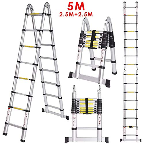 Meditool 5M(2,5M+2,5m)Escalera plegable aluminio,Escalera Telescópica,Escalera plegable,16 Escalones Antideslizantes, 150kg Meditool 5M(2,5M+2,5m)Escalera plegable aluminio,Escalera Telescópica,Escalera plegable,16 Escalones Antideslizantes, 150kg