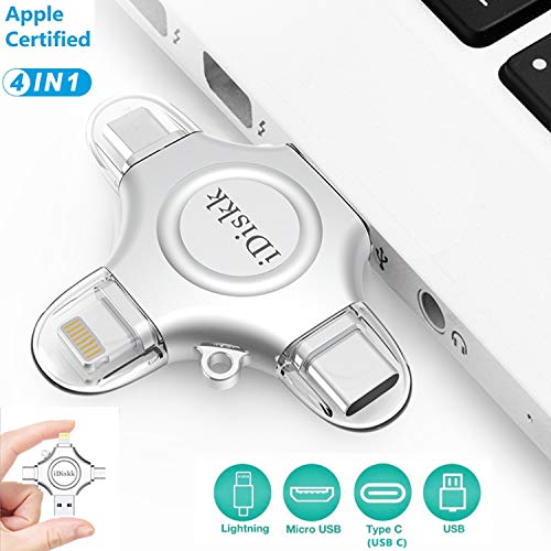 Memoria 128GB USB para iPhone y iPad [ MFi Certificado] iDiskk Pendrive con Type C Conector USB Mirco Expansión de Memoria para iPhone, iPad, Android, PC (4 in 1-128G) (U018 128GB)