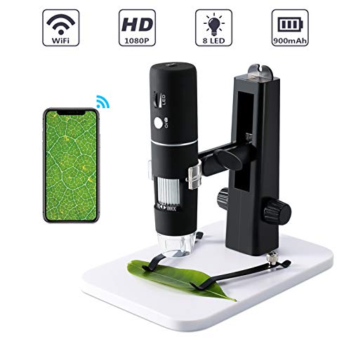 Microscopio Digital, ROTEK WiFi Microscopio USB 1000x 1080P HD para Niños con Soporte de Elevación Profesional, Mini Microscopio Endoscopio Camara con 8 LED para iPhone iOS Android iPad Windows, Mac