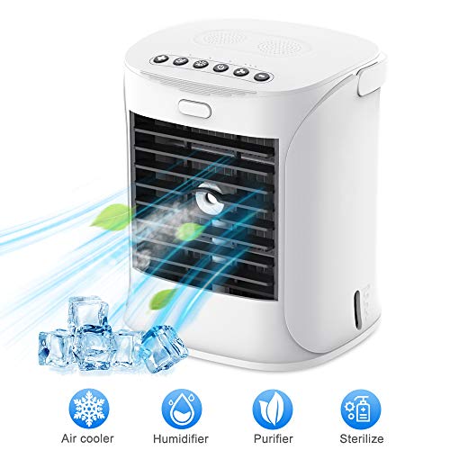 Mini aire acondicionado portátil 4 en 1 mini aire acondicionado portátil pequeño purificador de aire humidificador con UCV desinfección para casa, dormitorio, oficina, dormitorio, color blanco