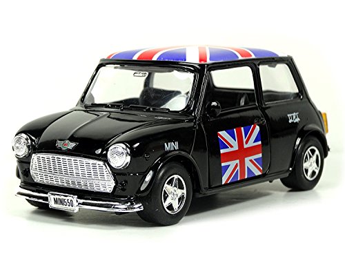 Mini Cooper Model (Black) with Union Jack Top Made of Die Cast Metal and Plastic Parts, Pull Back & Go Action Model - 384B by Welly