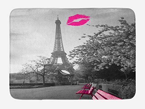 MMPTN Alfombrilla baño Paris Fotografía romántica monocromática la Torre Eiffel Bancos Color Rosa Felpudo Kiss Mark Alfombrilla baño Respaldo Antideslizante 15.7"X 23.6" Gris Magenta