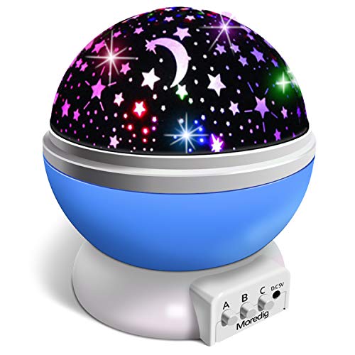 Moredig Proyector Estrellas, 360° Rotación Romántica Luz Estrellas y 8 Modos, Regalo para Niños y Bebés Cumpleaños, Día de los Reyes, Navidad, Halloween etc (Azul)