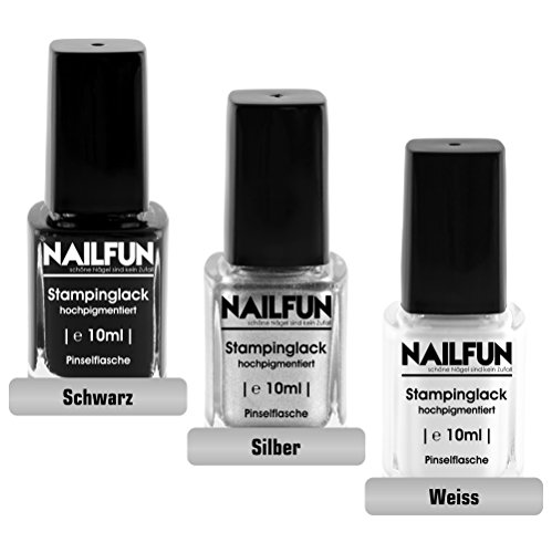 NAILFUN Kit de 3 Esmaltes para Estampar 10 ml - Negro, Plateado y Blanco NAILFUN Kit de 3 Esmaltes para Estampar 10 ml - Negro, Plateado y Blanco