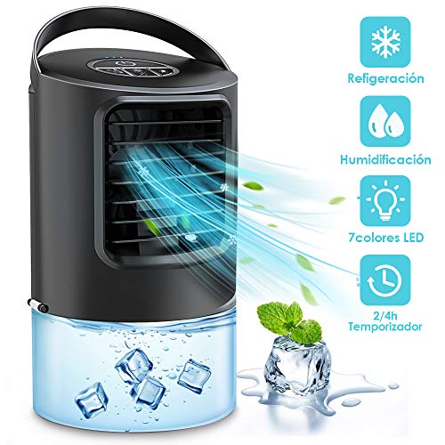 NAIXUES Aire Acondicionado Portátil, 4 en 1 Enfriador de Aire Ventilador Humidificador, 3 Velocidades, 2/4h Temporizador, 7 Colores LED, Mini Aire Acondicionado para Hogar Oficina