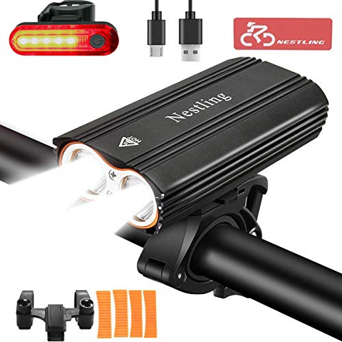 Nestling Luzde Bicicleta,Luz Bicicleta LED Recargable USB con 2400 Lúmenes 4 Modos,Luces Bici Delantera and LED Luces Trasera Kit,Luz LED Bicicleta para Carretera y Montaña-Seguridad para la Noche