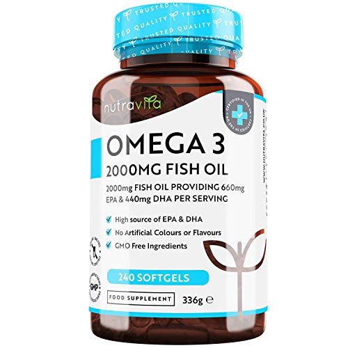 Omega 3 (2000 mg) - 660 mg de EPA y 440 mg de DHA - Omega 3 Capsulas de Gel Suave de Aceite de Pescado Puro - Hecho en el Reino Unido por Nutravita Omega 3 (2000 mg) - 660 mg de EPA y 440 mg de DHA - Omega 3 Capsulas de Gel Suave de Aceite de Pescado Puro - Hecho en el Reino Unido por Nutravita