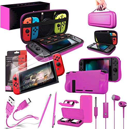 Orzly Ultimate Pack Accesorios para Nintendo Switch [Incluye: Protectores de Pantalla, Cable USB, Funda para Consola, Estuche Tarjetas de Juego, FlexiCase para los mandos JoyCon, Auriculares] – Rosa
