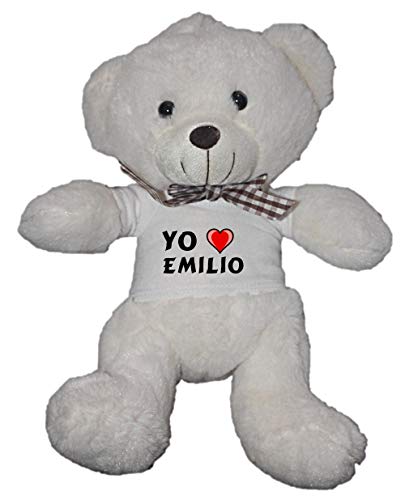 Oso blanco de peluche con Amo Emilio en la camiseta (nombre de pila/apellido/apodo)