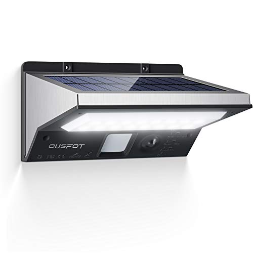 OUSFOT Luz Solar Exterior LED Foco Solar Exterior con Sensor de Movimiento Lámpara Solar Impermeable 3 Modos Gran Ángulo 120º de Iluminación 2200mAh para Jardín Muros Exteriores