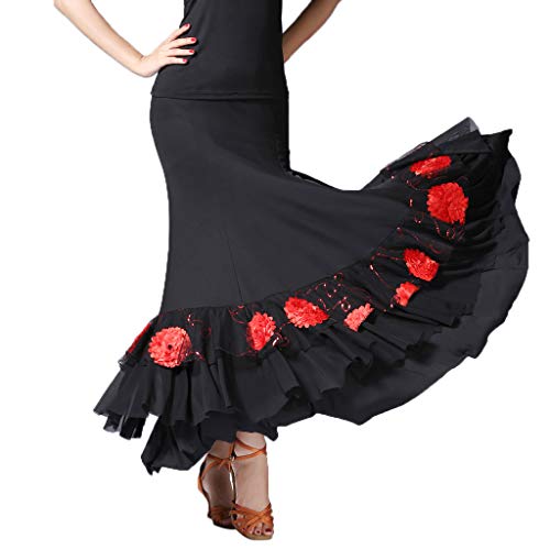 P Prettyia Falda Larga de Mujer Cintura Alta Elástica Bordado de Flores con Lentejuelas para Baile Latino Salsa YTango - Negro + Rojo, como se describe