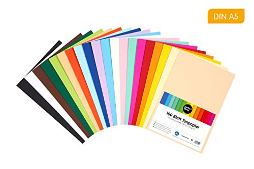perfect ideaz Papel tintado DIN-A5 (148 x 210 mm) 100 hojas de colores, en 20 colores diferentes, grosor de 120g/m², Papel para manualidades de la mayor calidad
