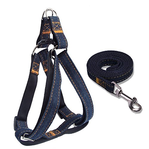 Perro acolchada ajustable arnés de seguridad y correa Set no Tire fácil caminar fuerte Denim chaleco Cable para pequeño mediano y grande perro gato formación a pie