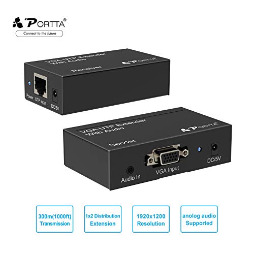 Portta VGA Extender Extensor sobre UTP CAT5e/6 Ethernet (hasta 300m 1000ft, Remitente + Receptor) con Transmisión de Audio Soporte, 1920 x 1200 para Monitores Proyectores HDTV Notebook Laptop