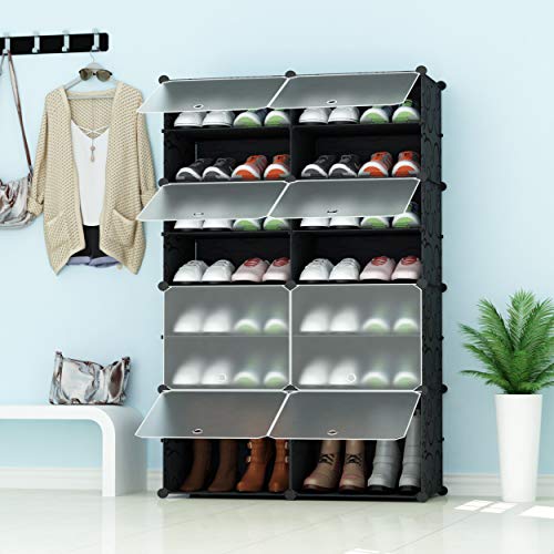 PREMAG Torre portátil para Organizador de Almacenamiento de Calzado, Negra con Puertas Transparentes, estantería Modular para Ahorro de Espacio, estantería para Zapatos, Botas, Pantuflas 2 * 7