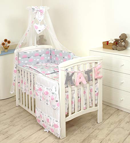 PRO COSMO 11 Piezas juego de ropa de cama para cuna de bebé cama edredón, dosel + soporte (120x60cm, Nuages Roses)