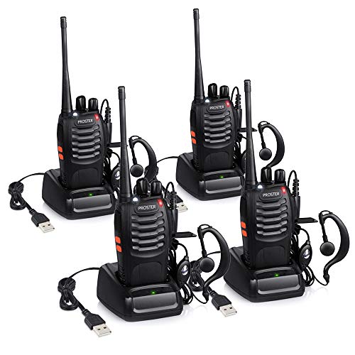 Proster T0036X2 - Walkie Talkie Recargables, 16 Canales, CTCSS DCS, con Auricular Incorporado Antorcha de LED y Cargador USB, 2 Pares