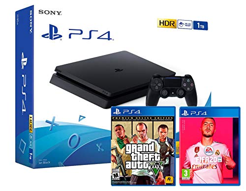 PS4 Slim 1Tb Negra Playstation 4 Consola + FIFA 20 + GTA V Grand Theft Auto 5 Premium Edition