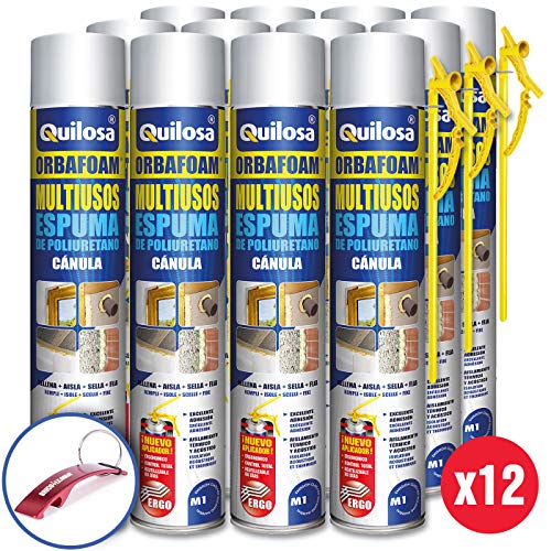 QUILOSA - Pack 12 espuma de poliuretano Quilosa Orbafoam O2-M1 con Cánula 750ml (Llavero Abrebotellas Bricolemar de Regalo!)