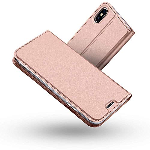 Radoo Funda iPhone XS MAX, Slim Case de Estilo Billetera Carcasa Libro de Cuero,Carcasa PU Leather con TPU Silicona Interna Suave [Función de Soporte] para Apple iPhone XS MAX 6.5 Pulgadas (Oro Rosa)