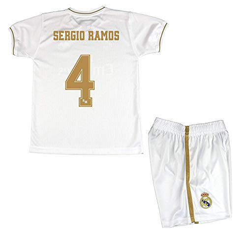 Real Madrid Conjunto Camiseta y Pantalón Primera Equipación Infantil Sergio Ramos Producto Oficial Licenciado Temporada 2019-2020 Color Blanco (Blanco, Talla 6)