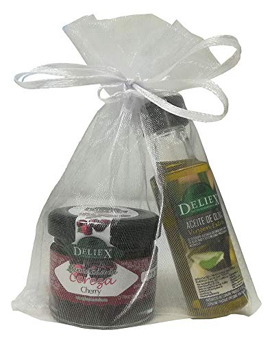 Regalo de botella de Aceite de Oliva miniatura Deliex con tarrito de mermelada de cerezas sin gluten para eventos (Pack 24 ud)