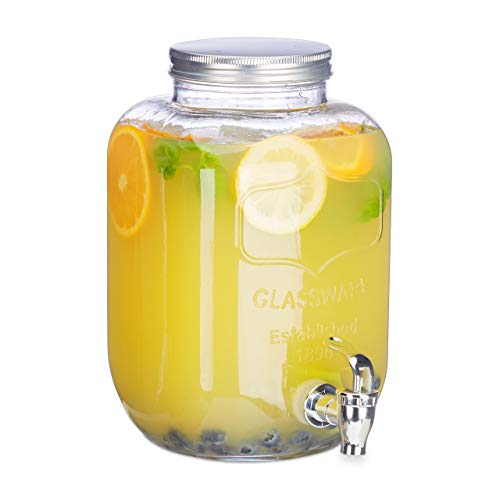 Relaxdays Dispensador de Bebidas con Grifo, Cristal, Vintage, Expendedor de refrescos, 5 L, Transparente, 28.00 x 15.00 x 16.00 cm