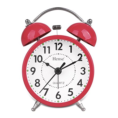 Reloj despertador HENSE, diseño clásico con dos campanas, movimiento de cuarzo silencioso, con luz de noche y alarma de gran potencia