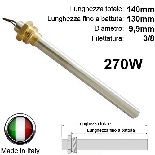 Resistencia de encendido para estufas de pellets.Características:empalme de 3/8 pulgadas; diámetro de 9,9 mm; longitud de 140 mm (total) o de 130 mm (hasta el roscado); potencia: 270 W. Resistencia de encendido para estufas de pellets.Características:empalme de 3/8 pulgadas; diámetro de 9,9 mm; longitud de 140 mm (total) o de 130 mm (hasta el roscado); potencia: 270 W.