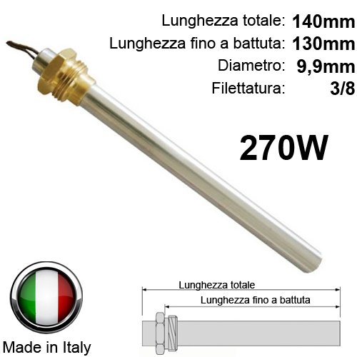 Resistencia de encendido para estufas de pellets.Características:empalme de 3/8 pulgadas; diámetro de 9,9 mm; longitud de 140 mm (total) o de 130 mm (hasta el roscado); potencia: 270 W.