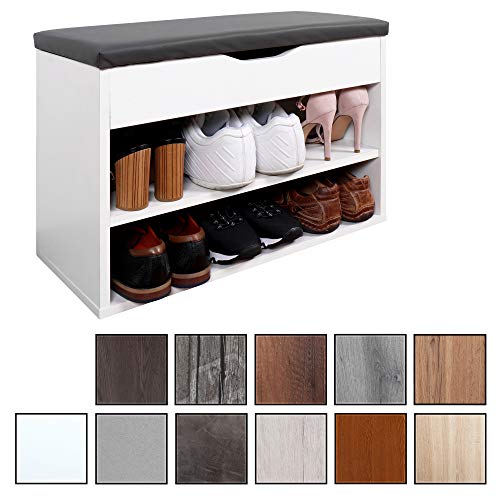 RICOO WM032-W-A, Banco Zapatero, 60x42x30cm, Armario Interior con Asiento, Organizador Zapatos, Mueble recibidor, Perchero Entrada, Madera Blanco