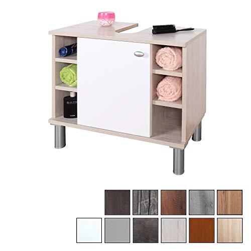 RICOO WM100-EP-W, Mueble baño bajo Lavabo, 60x54x32cm, Armario Auxiliar pequeño, Estantería Debajo lavamanos, Toallero, Madera Blanca y Roble marrón