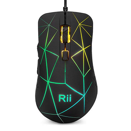 Rii RM106 Ratón ergonómico óptico con Cable USB, de 5 Botones y 4 Niveles de dpi Ajustables. 7 Colores RGB LED y retroiluminación Parpadeante. Color Negro